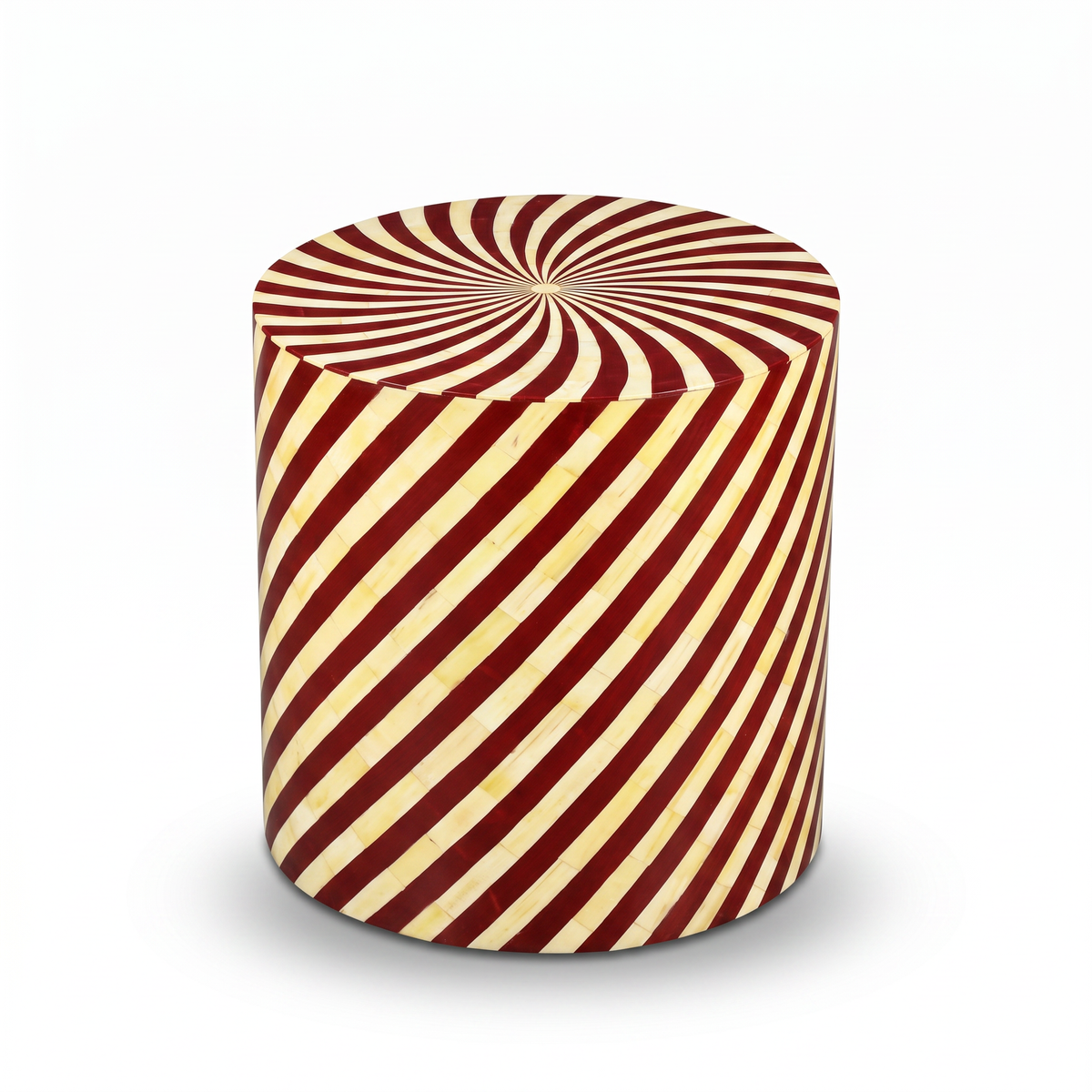 Camel Bone & Burgundy Resin Drum Stool — Spiral Stripe