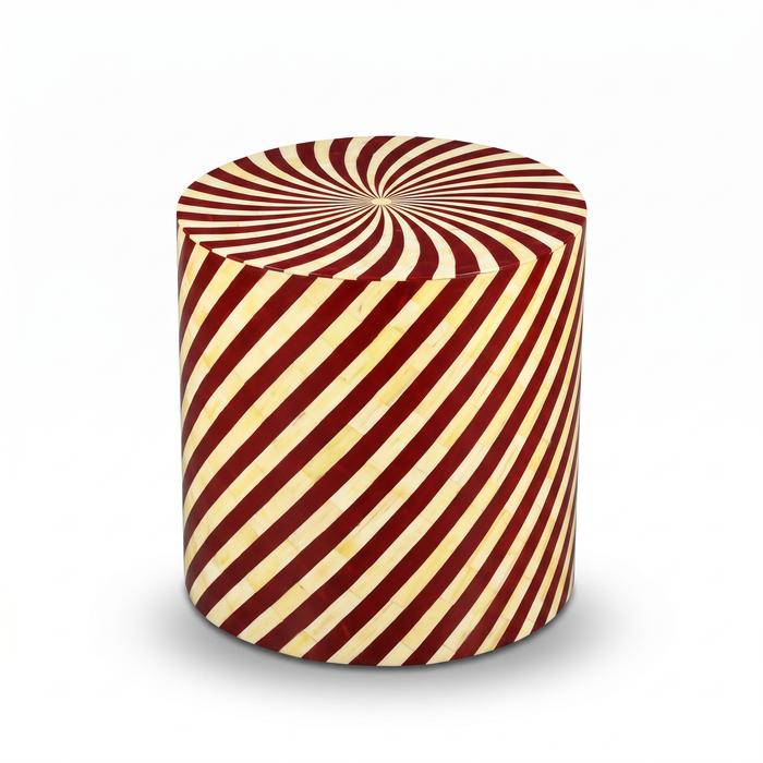 Camel Bone & Burgundy Resin Drum Stool — Spiral Stripe
