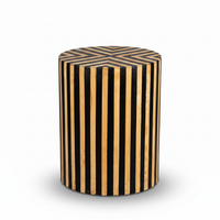 Smoked Wood & Black Resin Cylindrical Side Table — Chevron X & Vertical Stripe