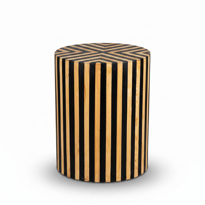 Smoked Wood & Black Resin Cylindrical Side Table — Chevron X & Vertical Stripe