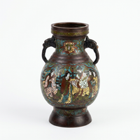Champlevé Enamel Bronze Vase — Figural Court Scene with Elephant-Head Handles — Set of 2