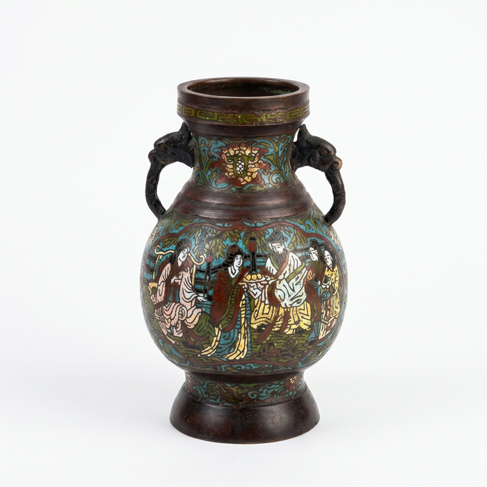 Champlevé Enamel Bronze Vase — Figural Court Scene with Elephant-Head Handles — Set of 2