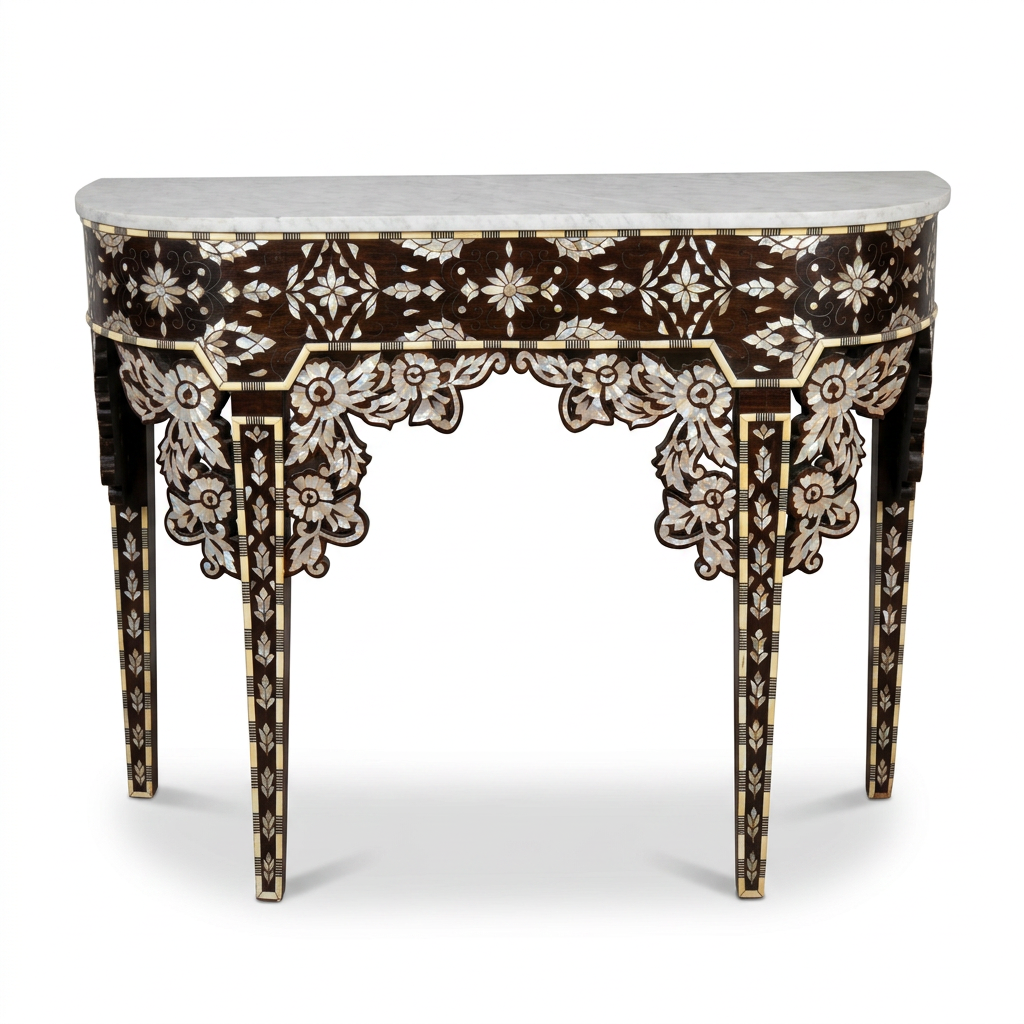 Mother of Pearl, Camel Bone & Wood Demilune Console Table — Floral Garland Inlay with White Marble Top