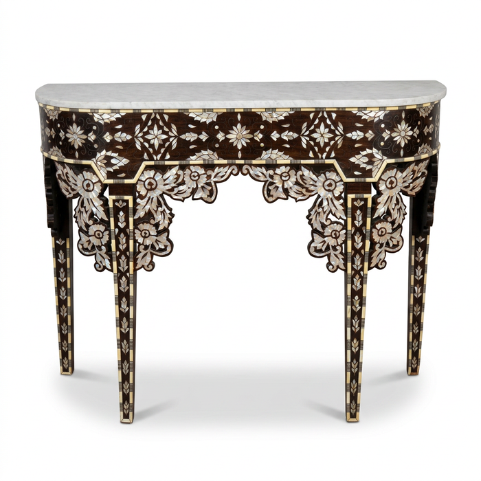 Mother of Pearl, Camel Bone & Wood Demilune Console Table — Floral Garland Inlay with White Marble Top