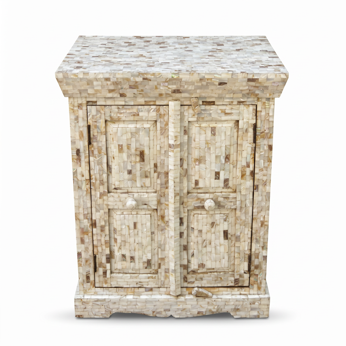 Mother of Pearl Mosaic Cabinet — Double Door Storage with Tile Encrusted Surround