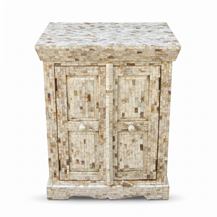 Mother of Pearl Mosaic Cabinet — Double Door Storage with Tile Encrusted Surround