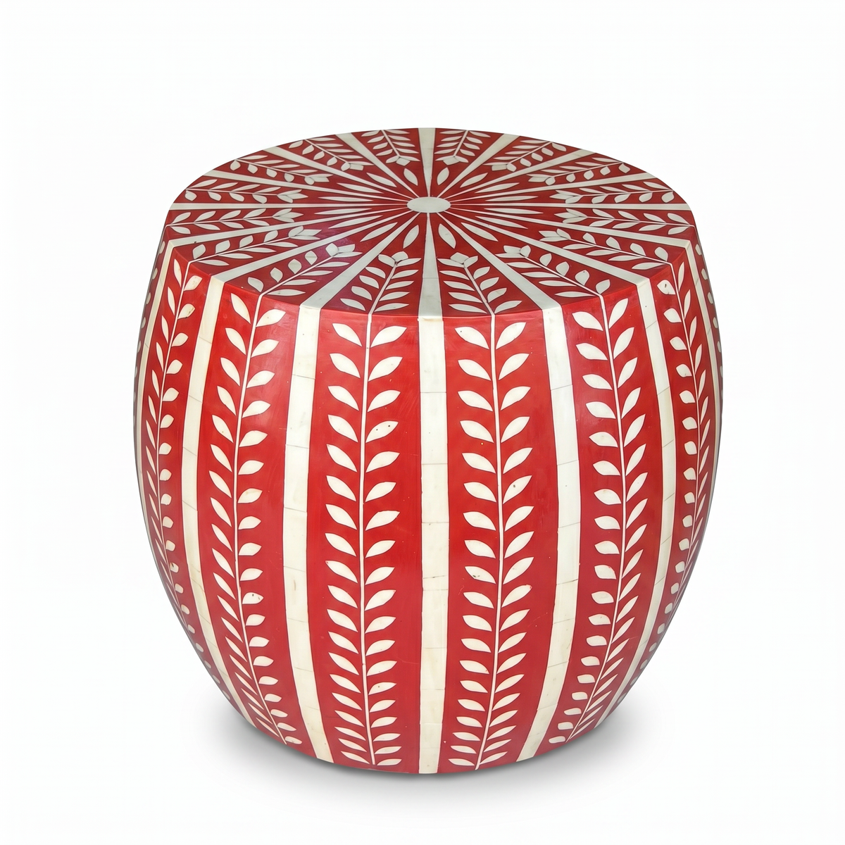 Camel Bone & Red Resin Drum Stool — Botanical Leaf Stripe