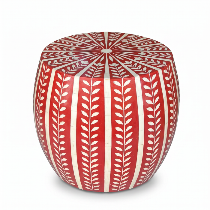Camel Bone & Red Resin Drum Stool — Botanical Leaf Stripe