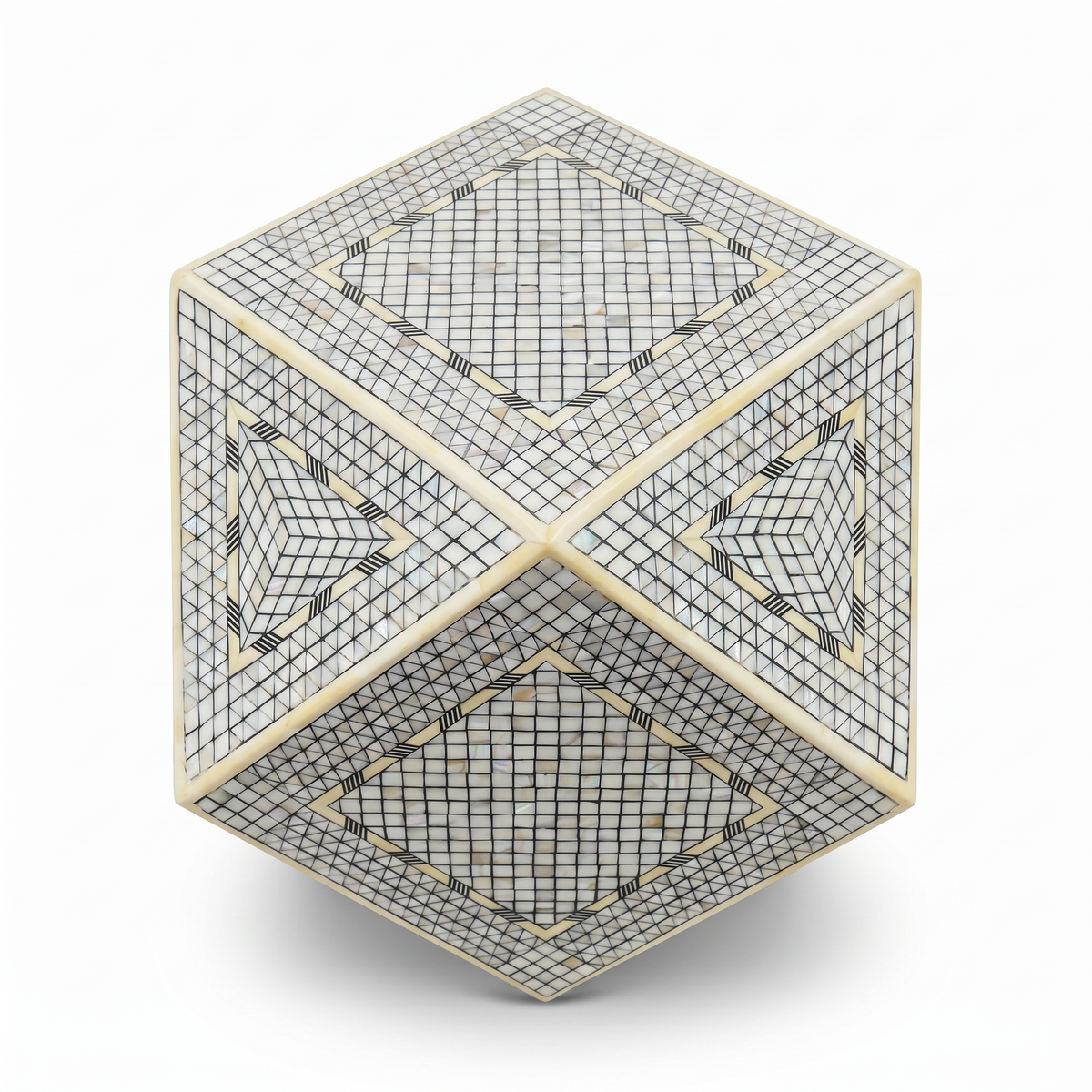 Camel Bone & Mother of Pearl Geometric Side Table — Micro-Grid Mosaic with Diamond Star