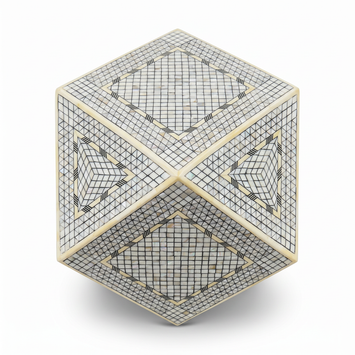 Camel Bone & Mother of Pearl Geometric Side Table — Micro-Grid Mosaic with Diamond Star