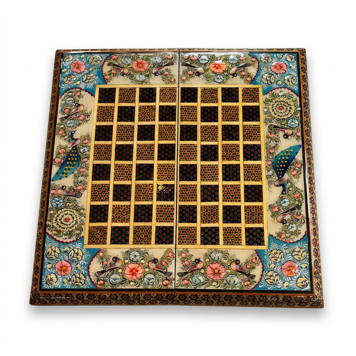Khatam Micro-Mosaic & Hand-Painted Chess Board — Peacock & Floral Border