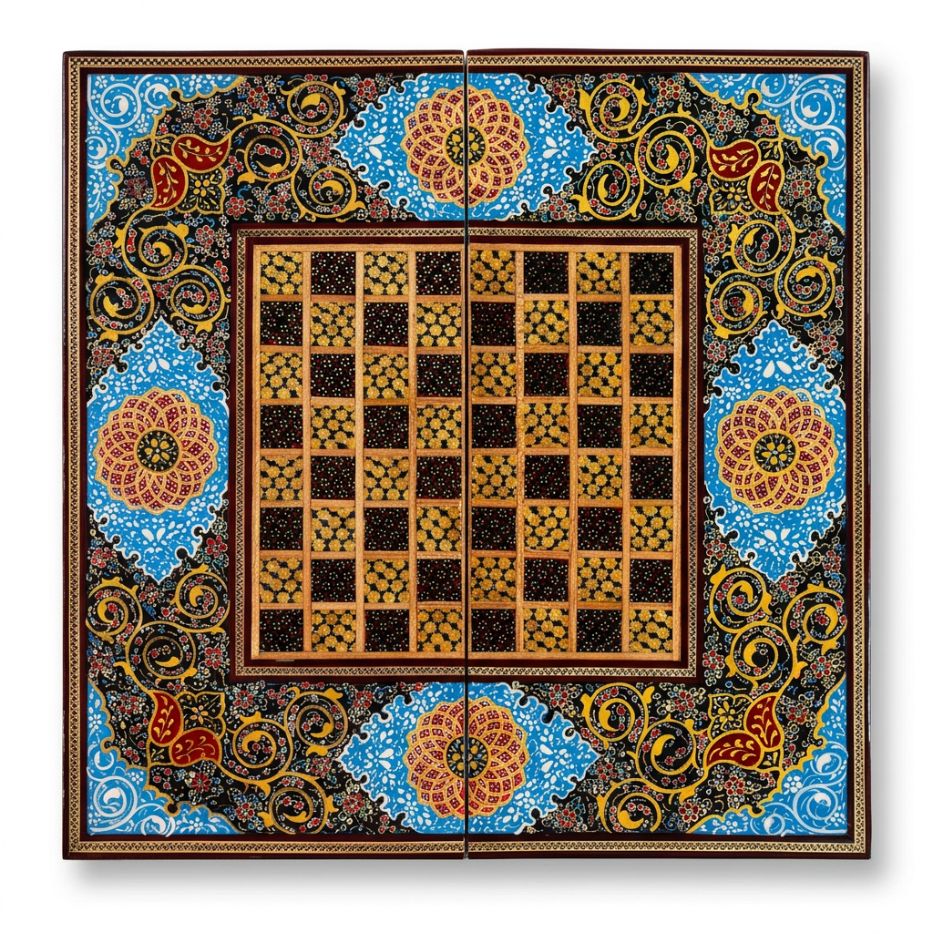 Khatam Micro-Mosaic & Hand-Painted Chess Board — Cobalt Blue Medallion & Gold Arabesque Border