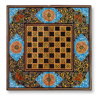 Khatam Micro-Mosaic & Hand-Painted Chess Board — Cobalt Blue Medallion & Gold Arabesque Border