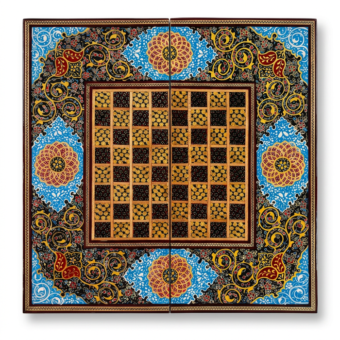 Khatam Micro-Mosaic & Hand-Painted Chess Board — Cobalt Blue Medallion & Gold Arabesque Border