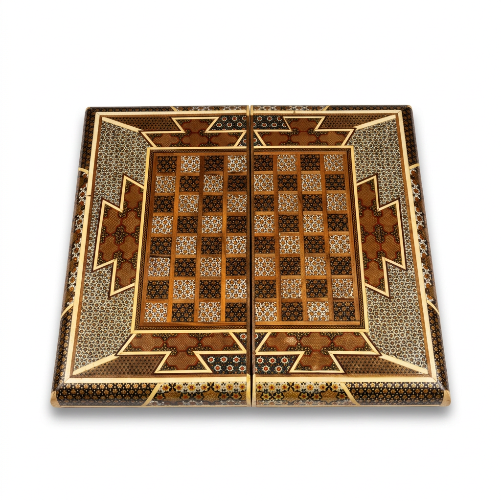 Khatam Micro-Mosaic Chess & Backgammon Board — Full Geometric Star Inlay — 2 in 1