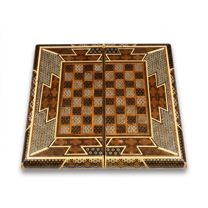 Khatam Micro-Mosaic Chess & Backgammon Board — Full Geometric Star Inlay — 2 in 1