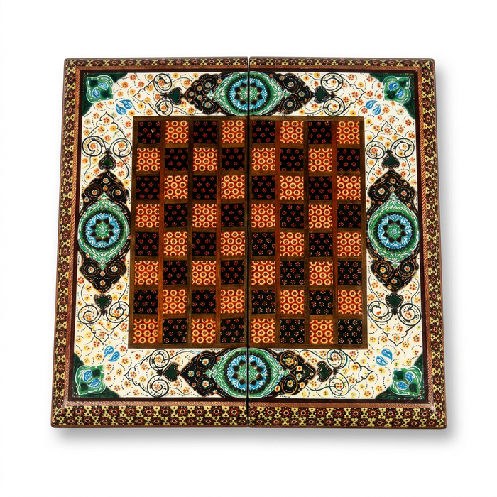 Khatam Micro-Mosaic & Hand-Painted Chess Board — Emerald Green Floral Medallion Border