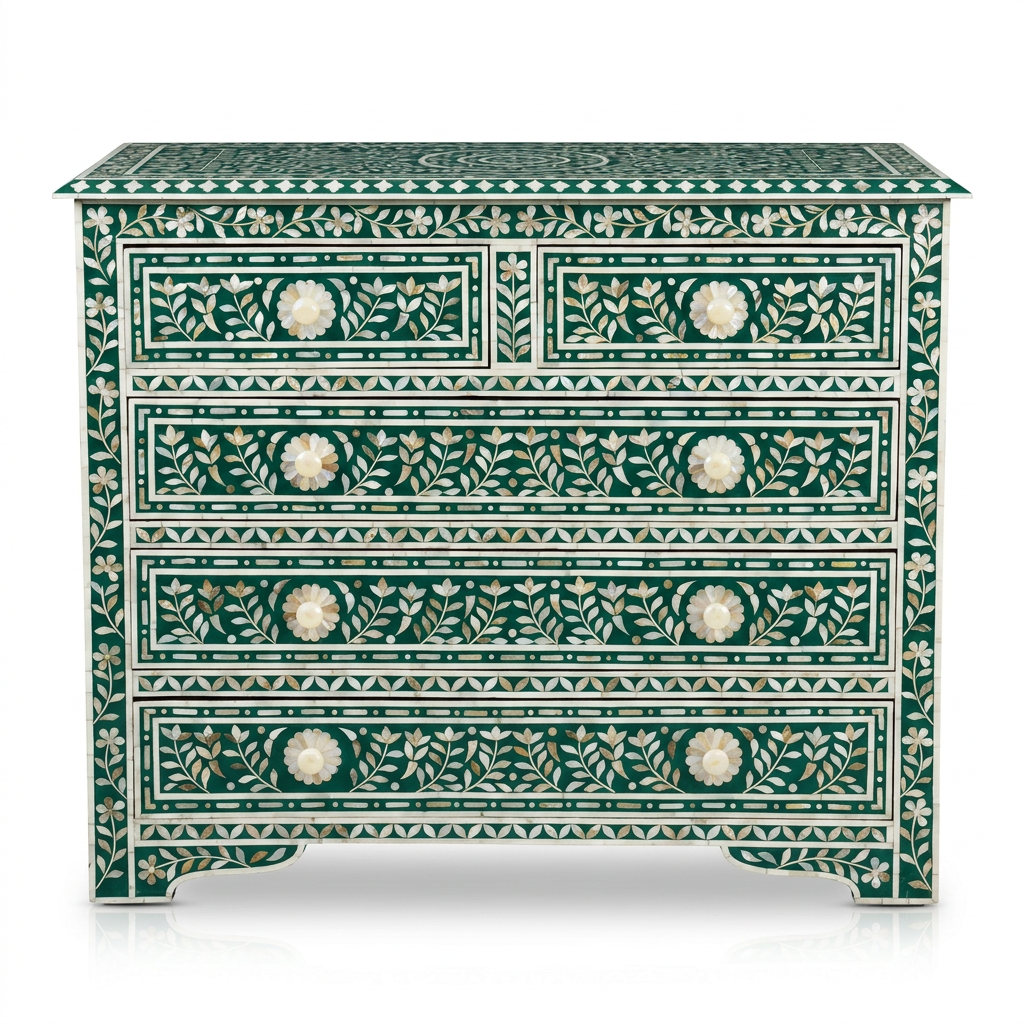 Mother of Pearl & Emerald Green Resin Chest of Drawers — Full Botanical Floral Inlay