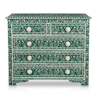 Mother of Pearl & Emerald Green Resin Chest of Drawers — Full Botanical Floral Inlay