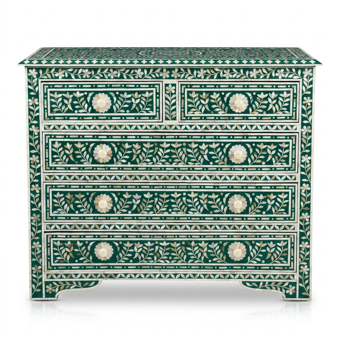 Mother of Pearl & Emerald Green Resin Chest of Drawers — Full Botanical Floral Inlay