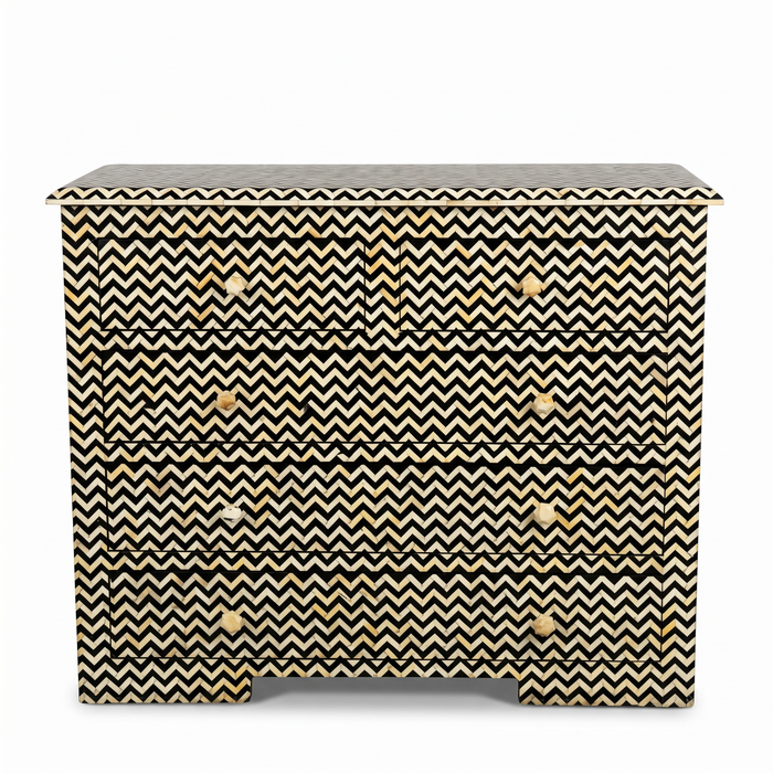 Camel Bone & Black Resin Chest of Drawers — Full Chevron Zigzag Inlay