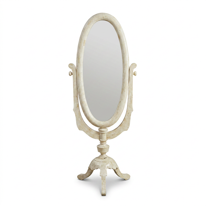 Camel Bone Mosaic Full-Length Cheval Mirror — Oval Frame on Tripod Stand