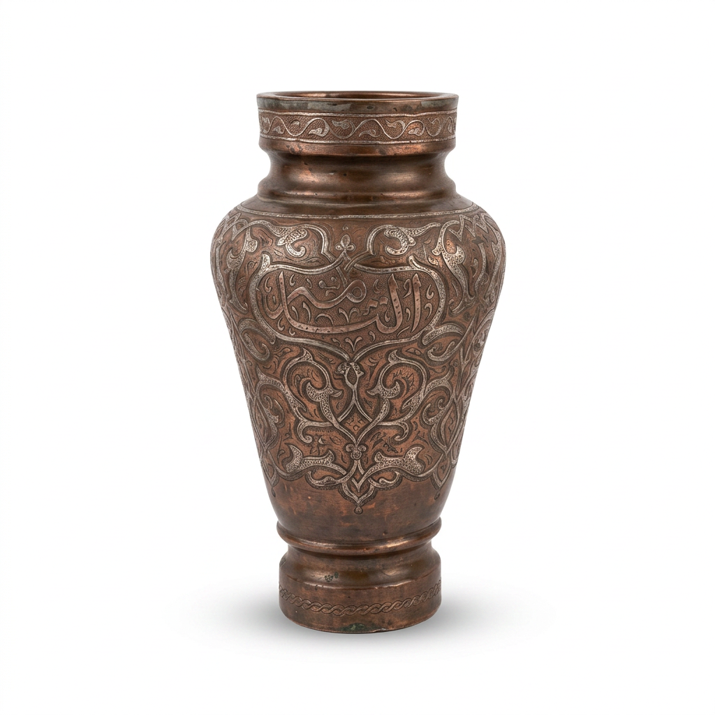 Hand-Engraved Copper Vase — Arabesque & Calligraphic Motifs on Darkened Patina