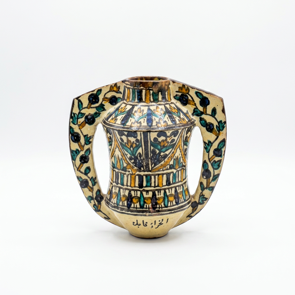 Hand-Painted Ceramic Vessel — Twin-Handled Amphora with Floral & Calligraphic Motifs