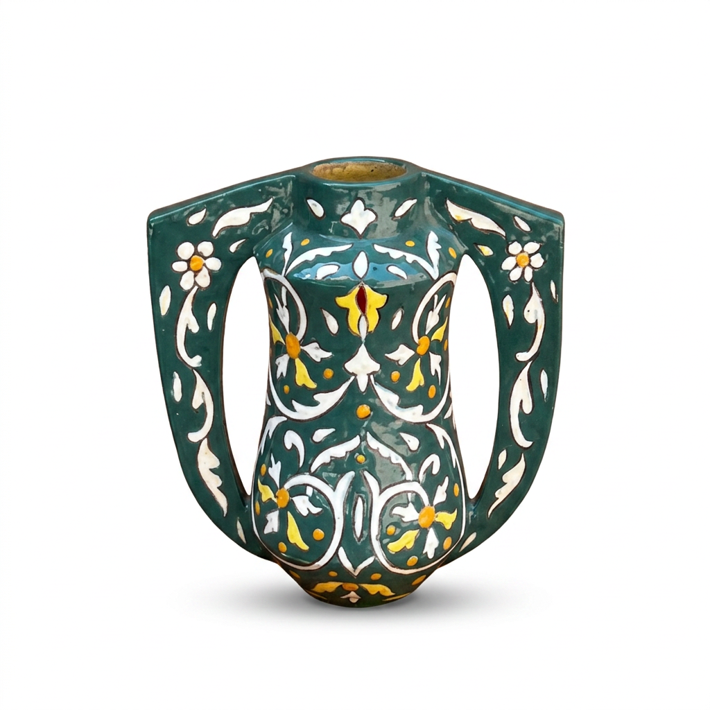 Hand-Painted Ceramic Twin-Handled Vessel — Emerald Ground with White & Saffron Floral Arabesque