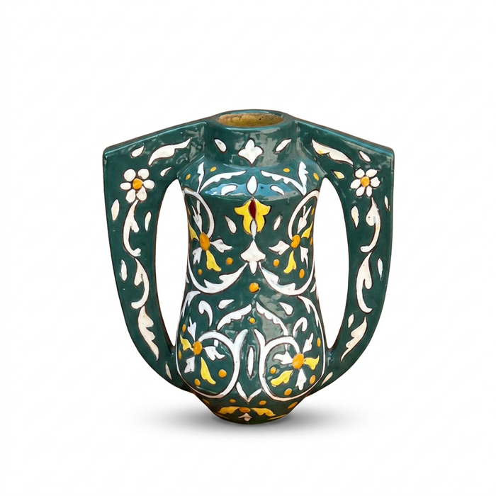 Hand-Painted Ceramic Twin-Handled Vessel — Emerald Ground with White & Saffron Floral Arabesque