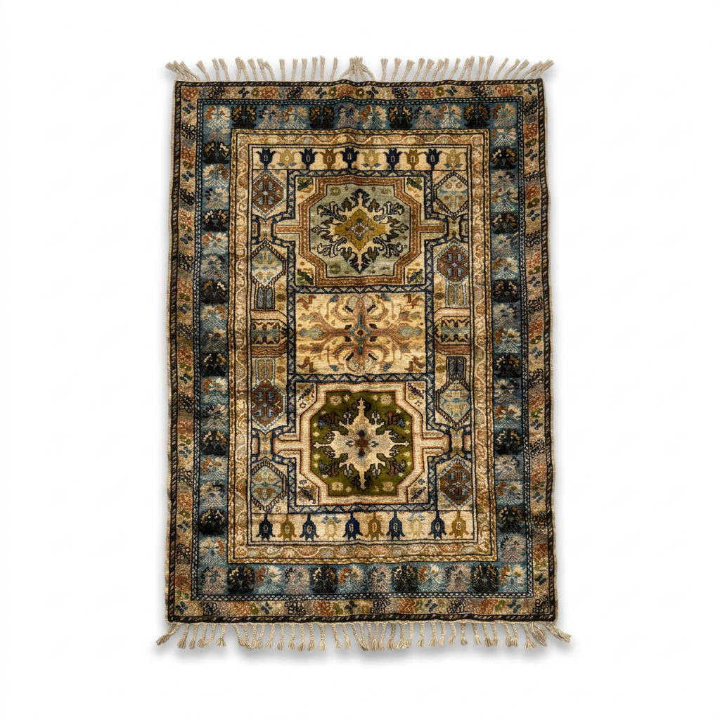Handknotted Wool Rug — Dual Medallion Field with Slate Blue Floral Border