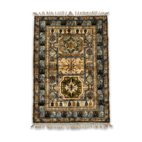 Handknotted Wool Rug — Dual Medallion Field with Slate Blue Floral Border