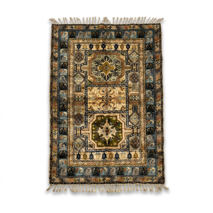 Handknotted Wool Rug — Dual Medallion Field with Slate Blue Floral Border