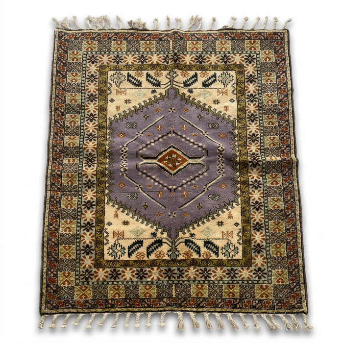 Handknotted Wool Rug — Mauve Medallion with Ivory Field & Polychrome Floral Border