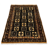Handknotted Wool Tribal Rug — Ebony Field with Grid of Diamond Medallions