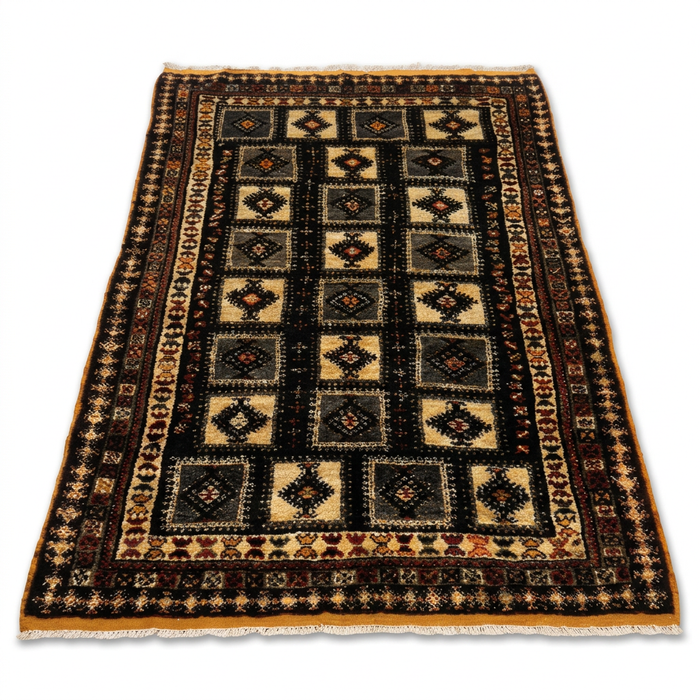 Handknotted Wool Tribal Rug — Ebony Field with Grid of Diamond Medallions