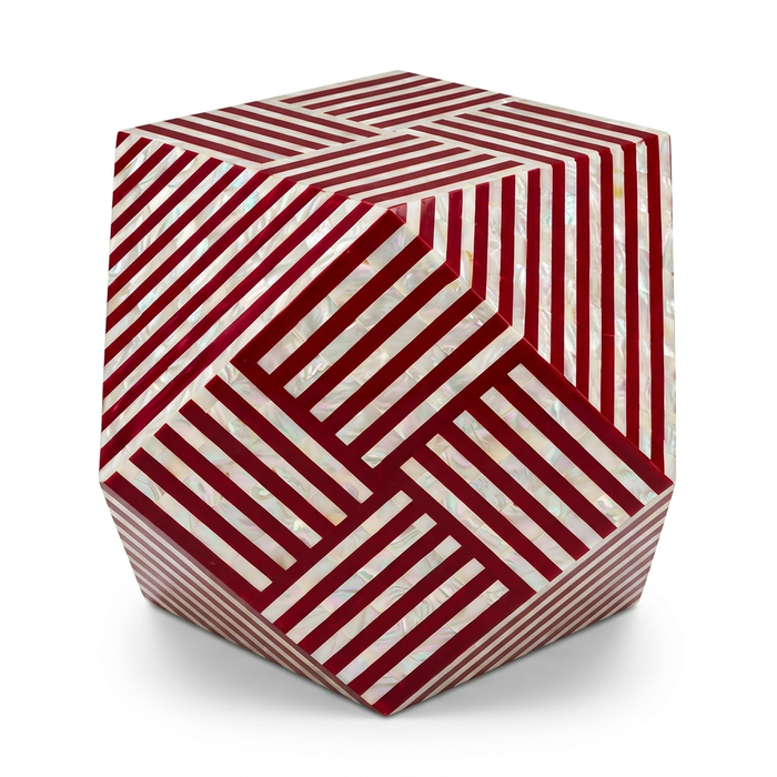 Resin & Mother of Pearl Hexagonal Side Table — Crimson & Ivory Geometric Stripe
