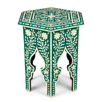 Camel Bone & Resin Hexagonal Side Table — Emerald Ground with Floral Vine & Arched Base