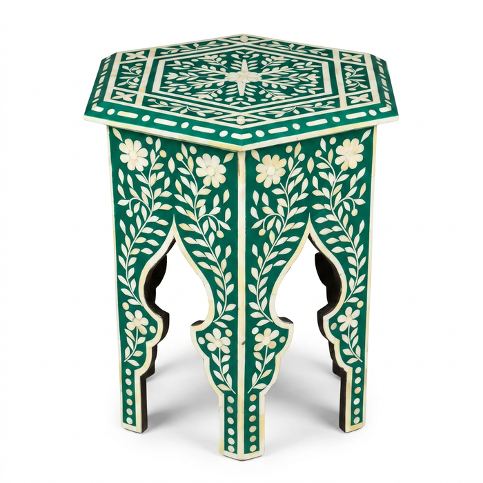 Camel Bone & Resin Hexagonal Side Table — Emerald Ground with Floral Vine & Arched Base