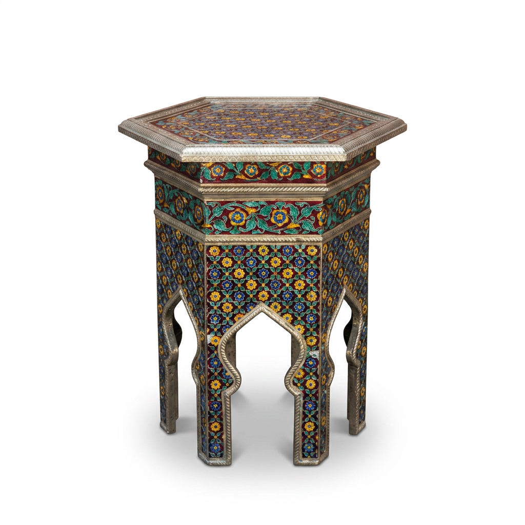 Cloisonné Enamel & Silvered Metal Hexagonal Side Table — Polychrome Floral Mosaic — Set of 2