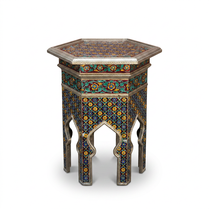 Cloisonné Enamel & Silvered Metal Hexagonal Side Table — Polychrome Floral Mosaic — Set of 2