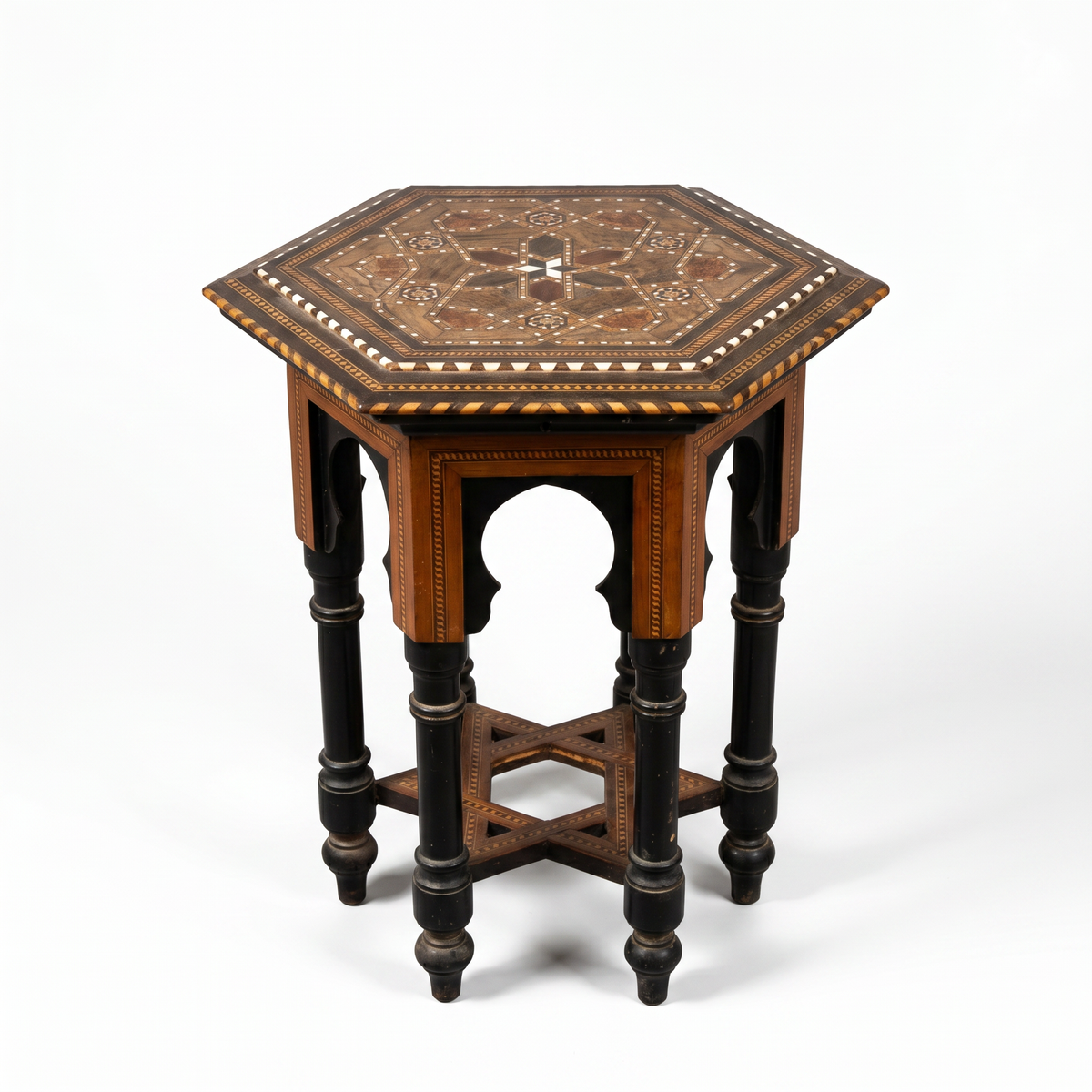 Camel Bone & Wood Hexagonal Side Table — Moorish Inlay with Hidden Storage
