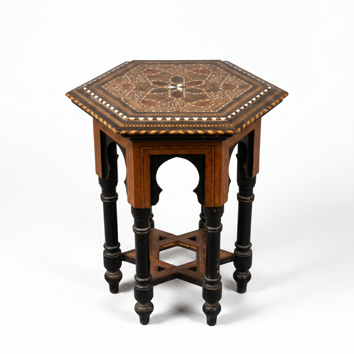 Camel Bone & Wood Hexagonal Side Table — Moorish Inlay with Hidden Storage