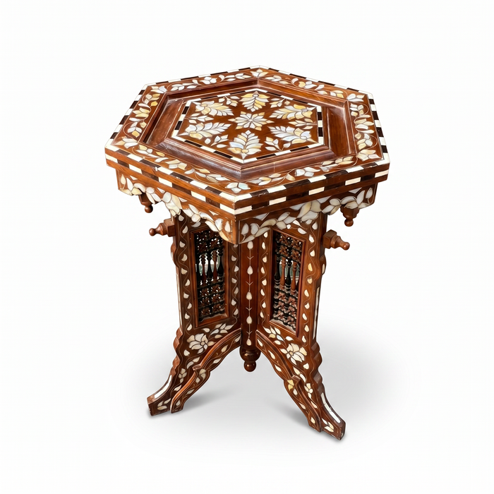 Mother of Pearl, Camel Bone & Resin Hexagonal Side Table — Floral Inlay with Pierced Lattice Apron — Set of 2