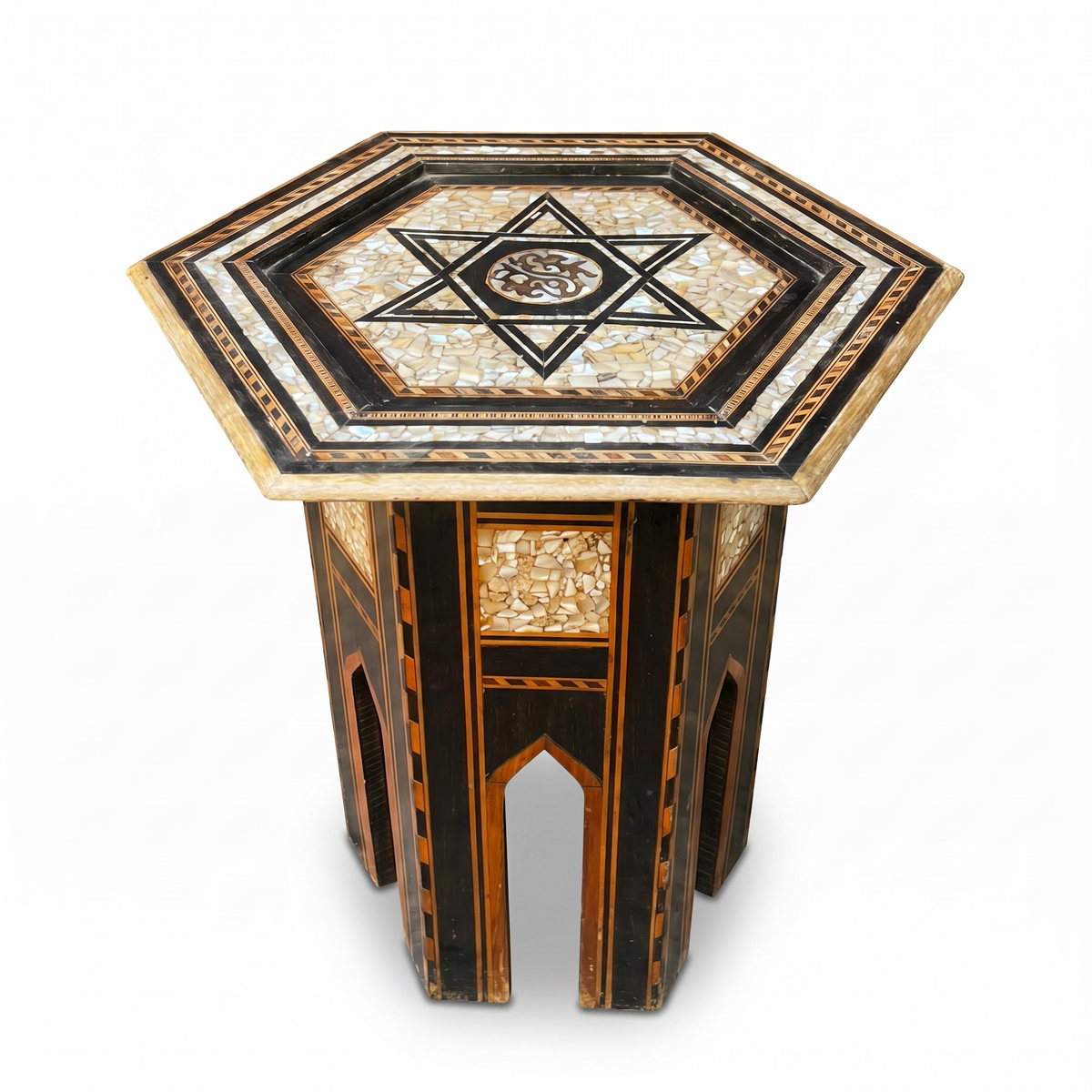 Mother of Pearl & Wood Hexagonal Side Table — Six-Pointed Star Mosaic