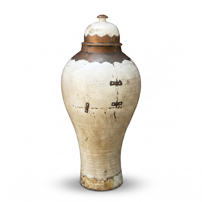 Antique Terracotta Lidded Storage Urn with Brass Collar — Monumental Pair