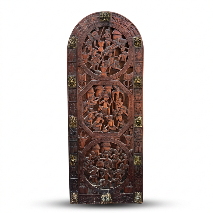 Hand-Carved African Wood Wall Panel — Three Village Life Medallions with Brass Mounts