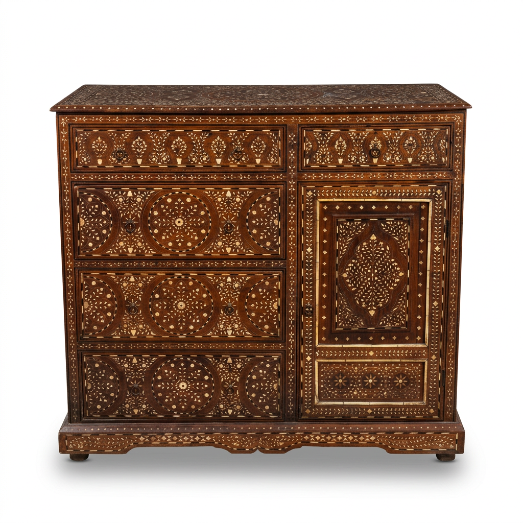 Camel Bone & Walnut Wood Asymmetric Cabinet — Full Floral Medallion Inlay