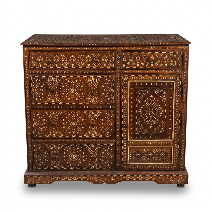 Camel Bone & Walnut Wood Asymmetric Cabinet — Full Floral Medallion Inlay