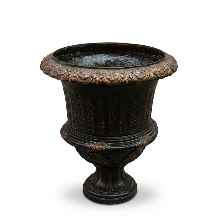 Cast Bronze Garden Urn — Acanthus Leaf Rim & Classical Medici Form — Set of 2